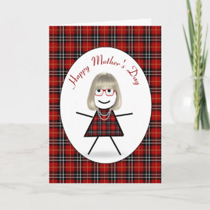 Mother's Day Stick Girl on Tartan Plaid Holiday Card