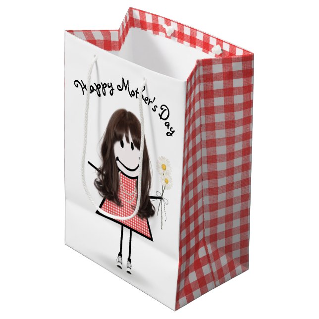 Mother's Day Stick Girl with Daisies  Medium Gift Bag (Front Angled)