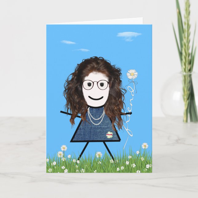 Mother's Day Stick Girl with Daisy Friend Bouquet  Card (Front)