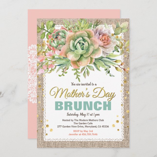 Mothers Day Tea Party Brunch Floral succulent Invitation (Front/Back)