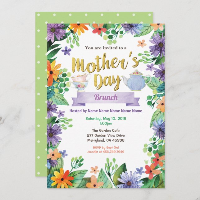 Mothers Day Tea Party Brunch Floral Watercolor Invitation (Front/Back)