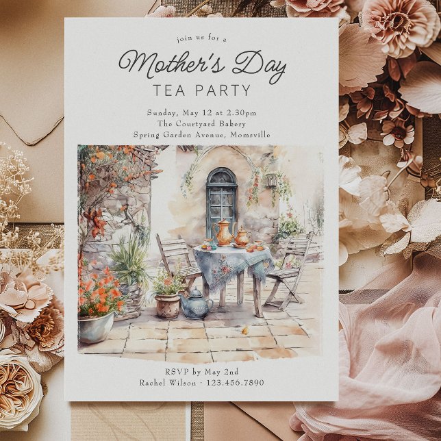 Mother's Day Tea Party Watercolor Garden Courtyard Invitation (Mother's Day Tea Party Invitation with welcoming watercolor rustic courtyard scene)