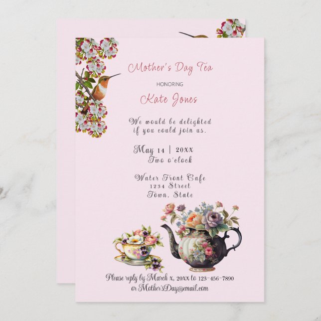  Mother's Day Tea Watercolor Teapot and  Teacup  Invitation (Front/Back)