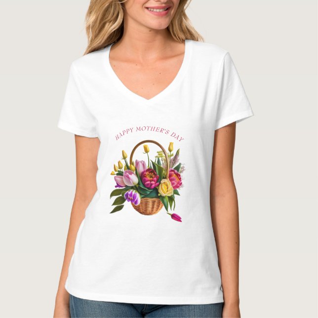 Mother's Day Tulip Watercolor Flower Basket  T-Shirt (Front)