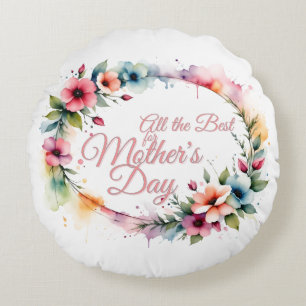 Mother's Day Watercolor Floral Wreath in Pink V2.0 Round Cushion