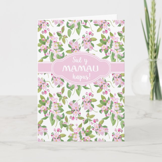 Mother's Day Welsh Greeting Pink Apple Blossom Card (Front)