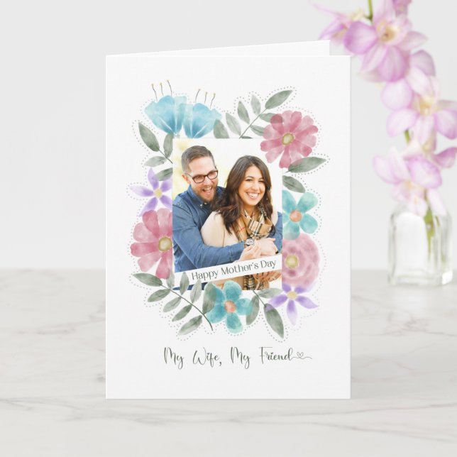 Mother's Day Wife Custom Photo Watercolor Flowers Card (Orchid)