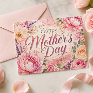Mothers Day With Love Blush Watercolor Peony Gold Postcard
