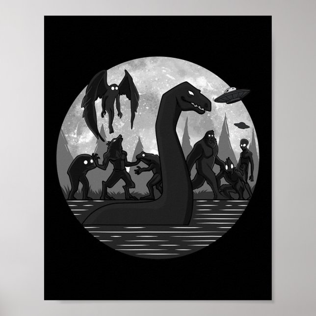 Mothman Bigfoot Loch Ness Monster Aliens UFO Fun C Poster (Front)