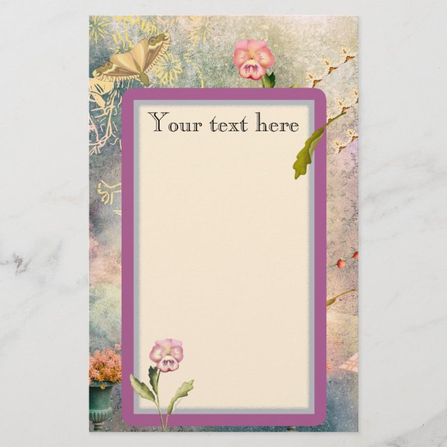 Moths and Pansies Personalised Romantic Stationery (Front)