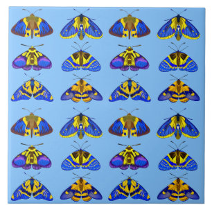 Moths in Blue, Golden Yellow and Brown Tile