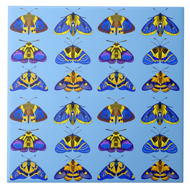 Moths in Blue, Golden Yellow and Brown Tile (Front)