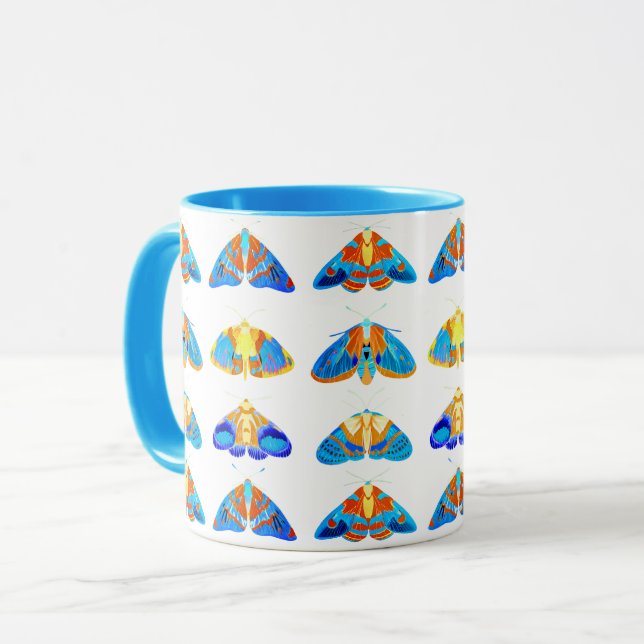 Moths in Dark Blue, Orange and Turquoise Mug (Front Left)