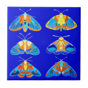 Moths in Dark Blue, Orange and Turquoise small Tile