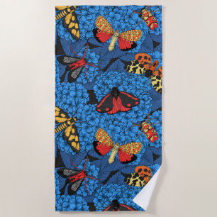 Moths on blue hydrangea beach towel