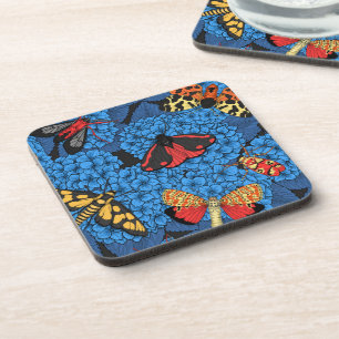 Moths on blue hydrangea coaster
