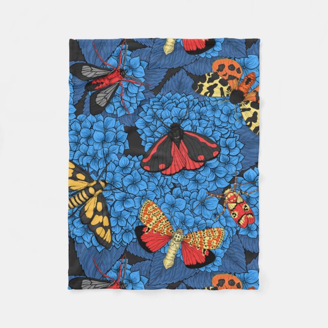 Moths on blue hydrangea fleece blanket (Front)
