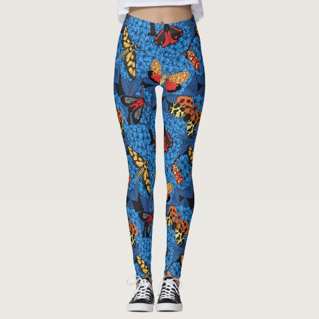 Moths on blue hydrangea leggings (Front)