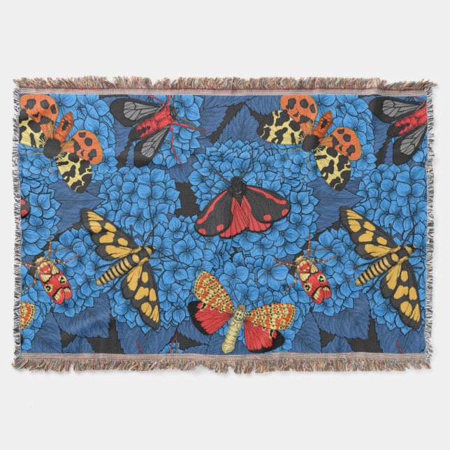 Moths on blue hydrangea throw blanket (Front)