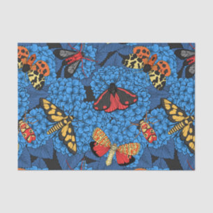 Moths on blue hydrangea tissue paper