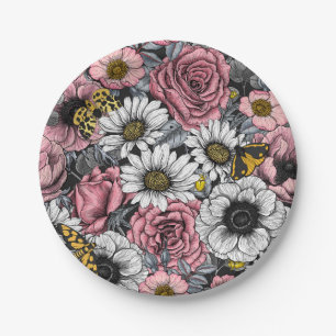 Moths on flower mix in pink and gray paper plate