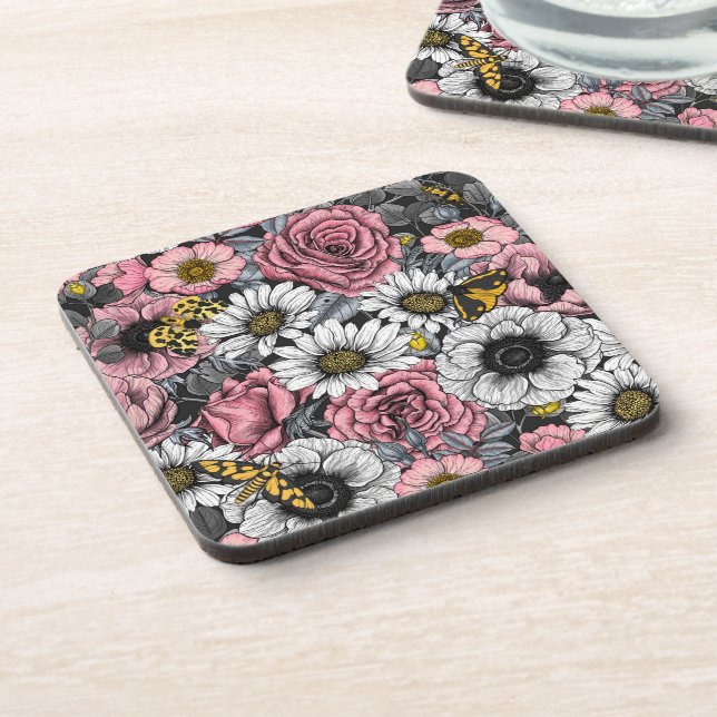 Moths on flower mix in pink and grey coaster (Left Side)