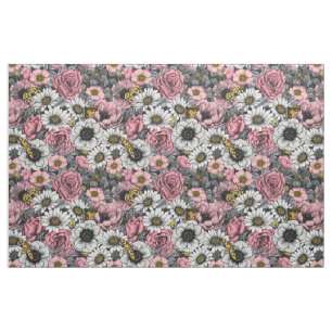 Moths on flower mix in pink and grey fabric