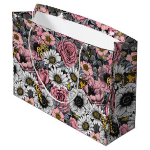 Moths on flower mix in pink and grey large gift bag