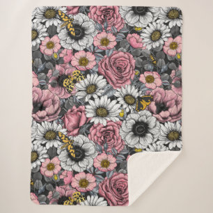 Moths on flower mix in pink and grey sherpa blanket