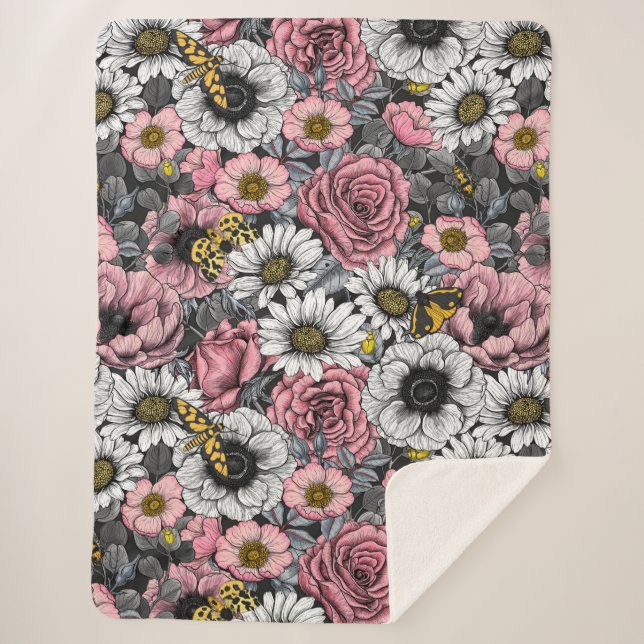 Moths on flower mix in pink and grey sherpa blanket (Front)