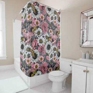 Moths on flower mix in pink and grey shower curtain