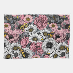 Moths on flower mix in pink and grey tea towel