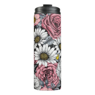 Moths on flower mix in pink and grey thermal tumbler