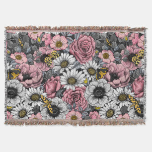 Moths on flower mix in pink and grey throw blanket