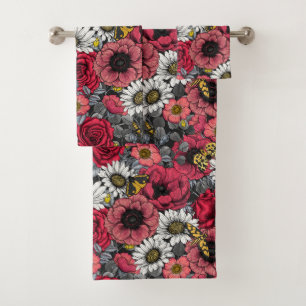 Moths on flower mix in red and gray bath towel set