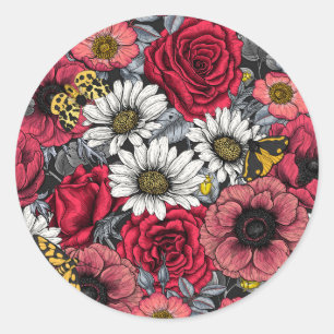 Moths on flower mix in red and grey classic round sticker
