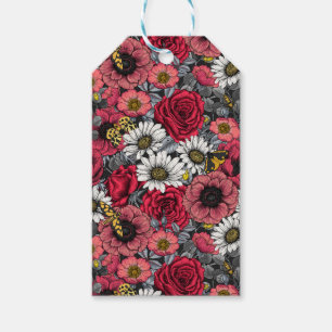 Moths on flower mix in red and grey gift tags