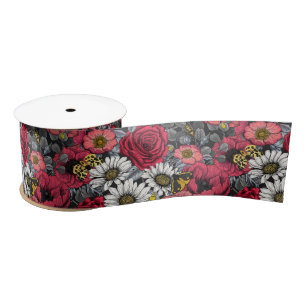 Moths on flower mix in red and grey satin ribbon