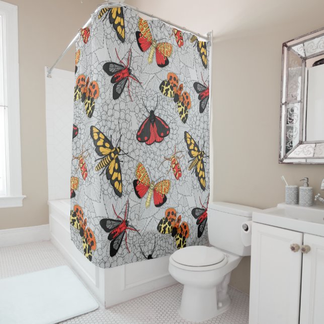 Moths on hydrangea shower curtain (In Situ)