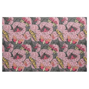 Moths on pink hydrangea fabric