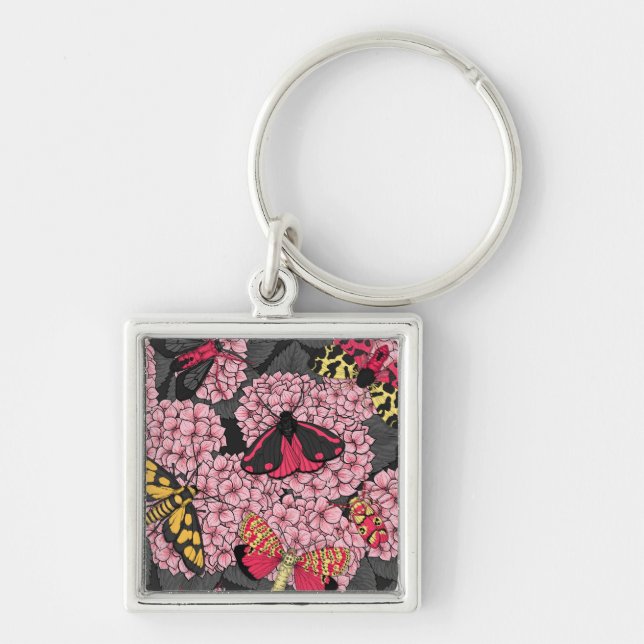 Moths on pink hydrangea key ring (Front)