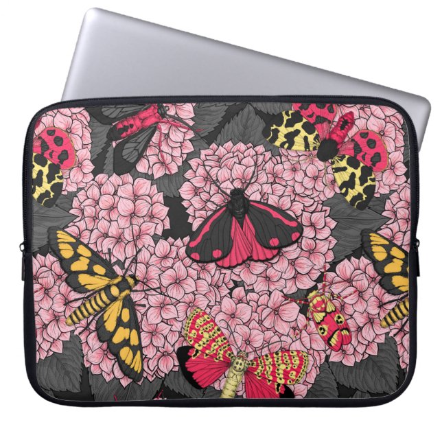 Moths on pink hydrangea laptop sleeve (Front)