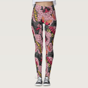 Moths on pink hydrangea leggings
