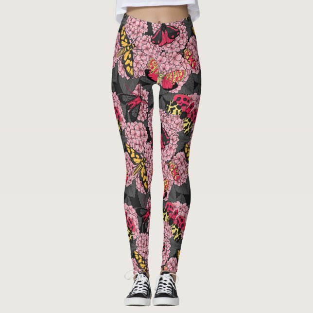 Moths on pink hydrangea leggings (Front)