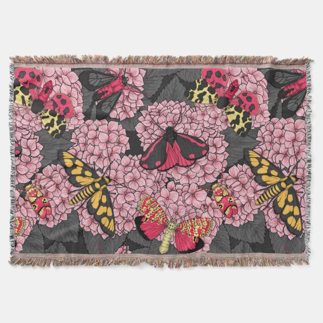 Moths on pink hydrangea throw blanket (Front)