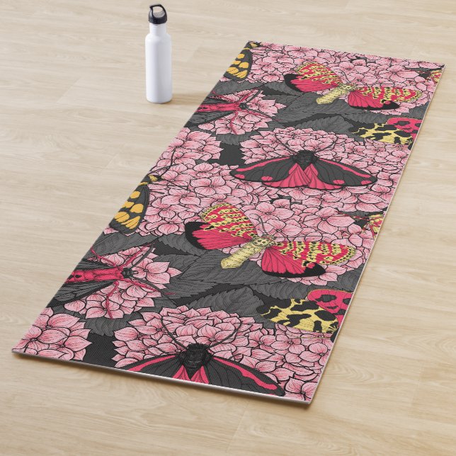 Moths on pink hydrangea yoga mat (In Situ)
