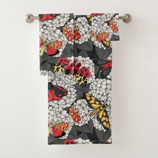 Moths on white hydrangea bath towel set (Insitu)