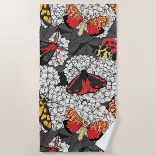 Moths on white hydrangea beach towel