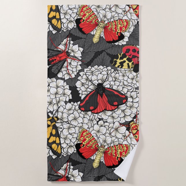 Moths on white hydrangea beach towel (Front)