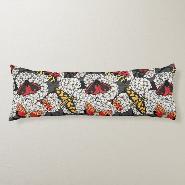 Moths on white hydrangea body cushion (Front)